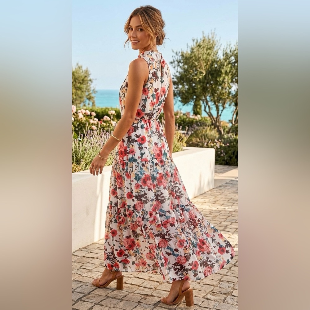 Lulus Floral High Neck Tiered Maxi Dress Size Small